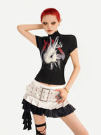 Nico Molly Black Pleated Cartoon Print Mock Neck Slim Women's Short Sleeve T-shirts
