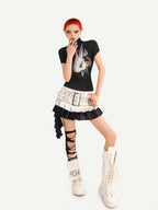 Nico Molly Black Pleated Cartoon Print Mock Neck Slim Women's Short Sleeve T-shirts