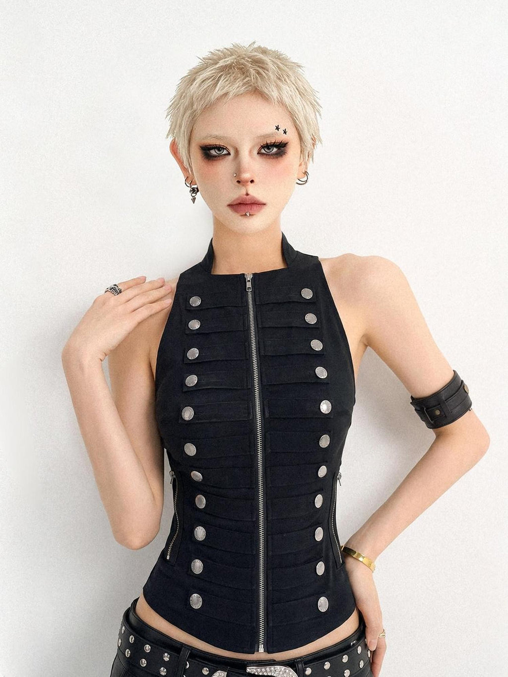 Nico Molly Black Punk Double Breasted Zipper Slim Fit Women's Tank Tops