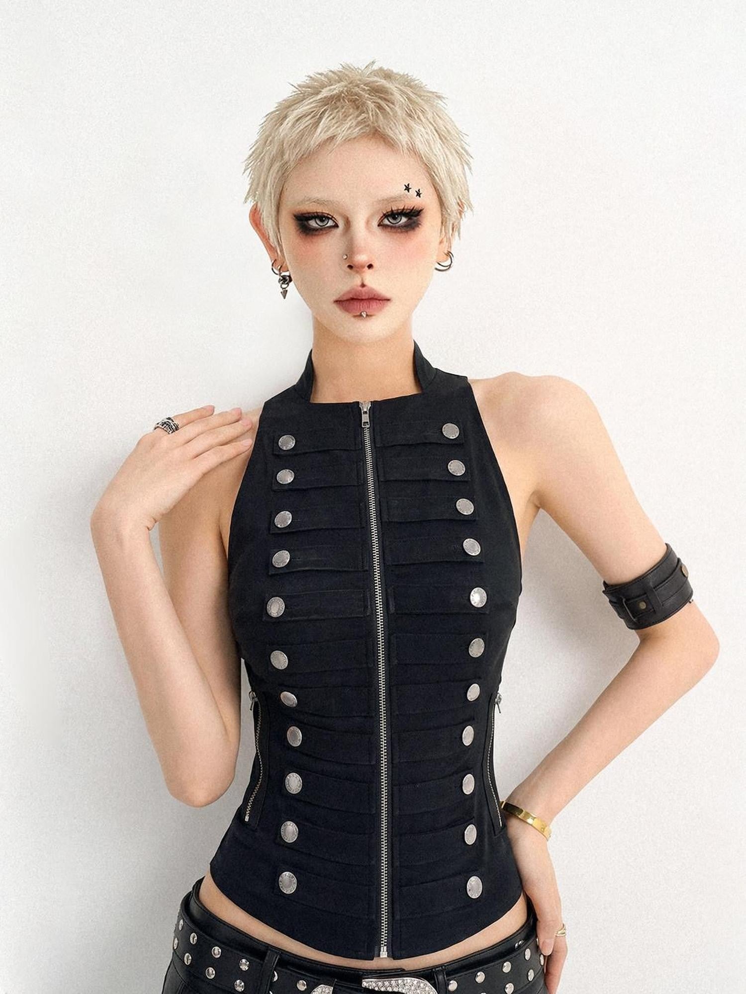 Nico Molly Black Punk Double Breasted Zipper Slim Fit Women's Tank Tops