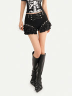 Nico Molly Black Punk Lace Up Layered Lace Trim Low Waist Women's Short Trousers