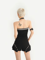 Nico Molly Black Punk Lace Up Layered Lace Trim Low Waist Women's Short Trousers