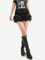 Nico Molly Black Punk Lace Up Layered Lace Trim Low Waist Women's Short Trousers
