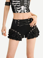 Nico Molly Black Punk Lace Up Layered Lace Trim Low Waist Women's Short Trousers