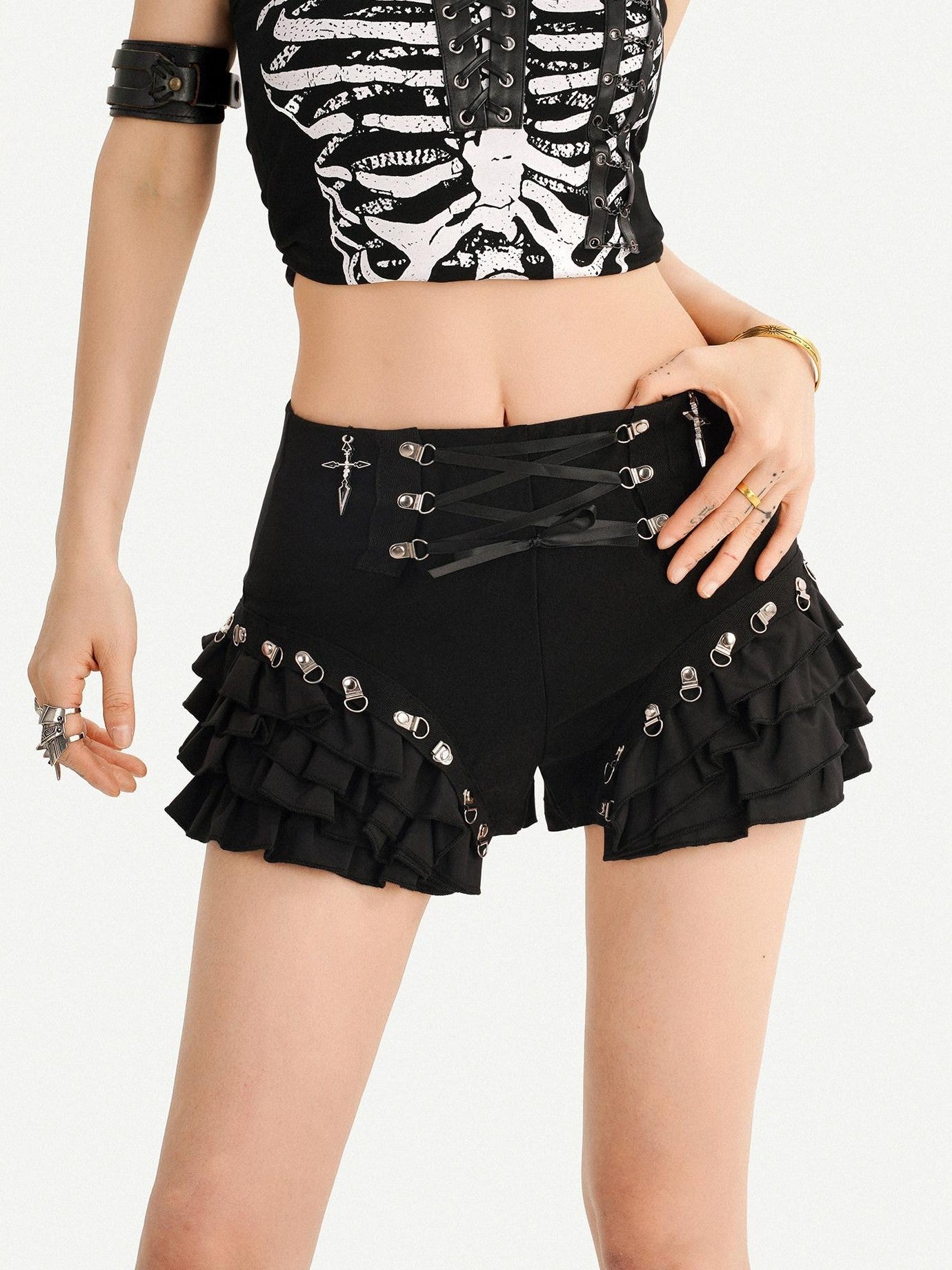 Nico Molly Black Punk Lace Up Layered Lace Trim Low Waist Women's Short Trousers