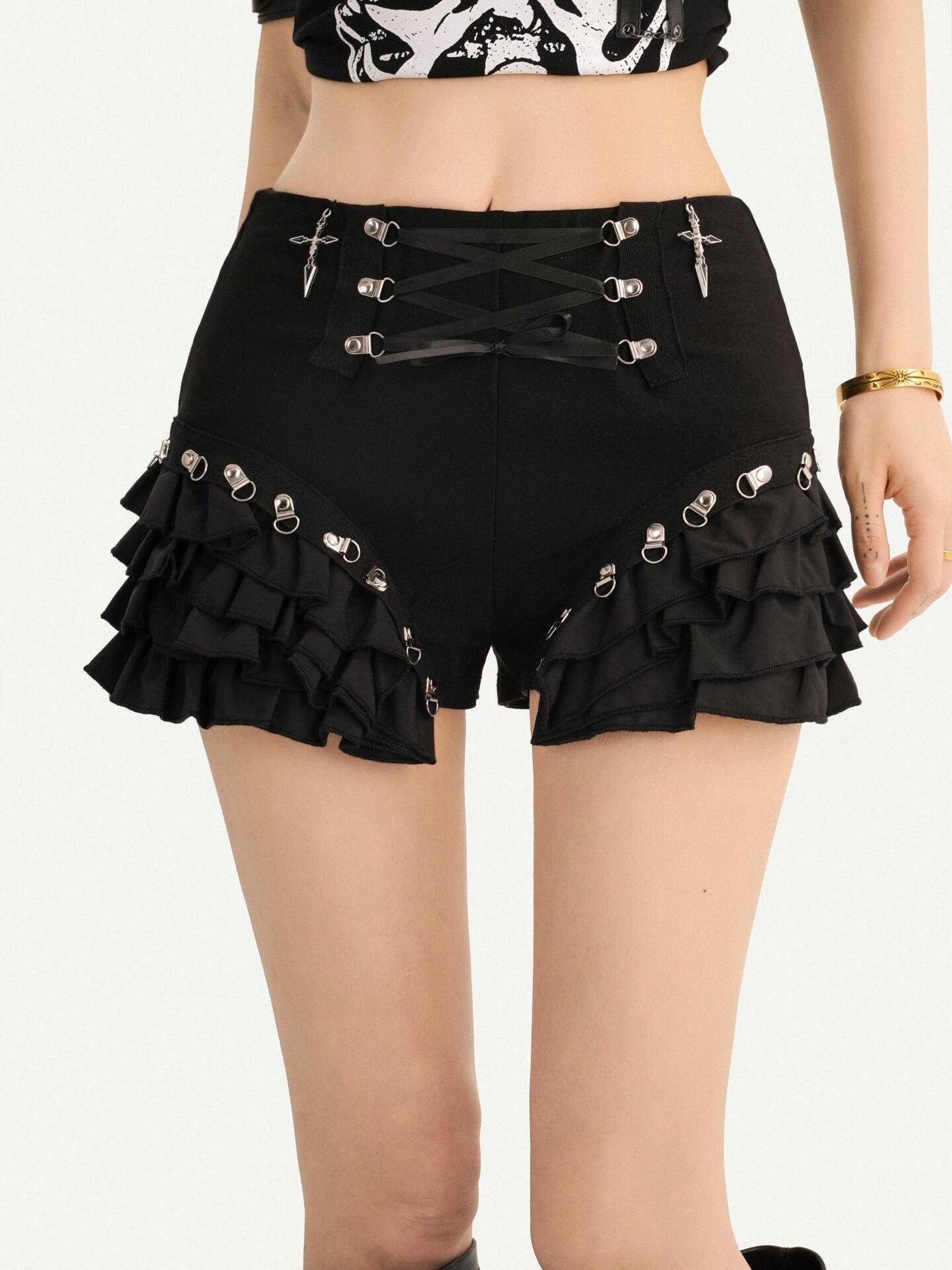 Nico Molly Black Punk Lace Up Layered Lace Trim Low Waist Women's Short Trousers