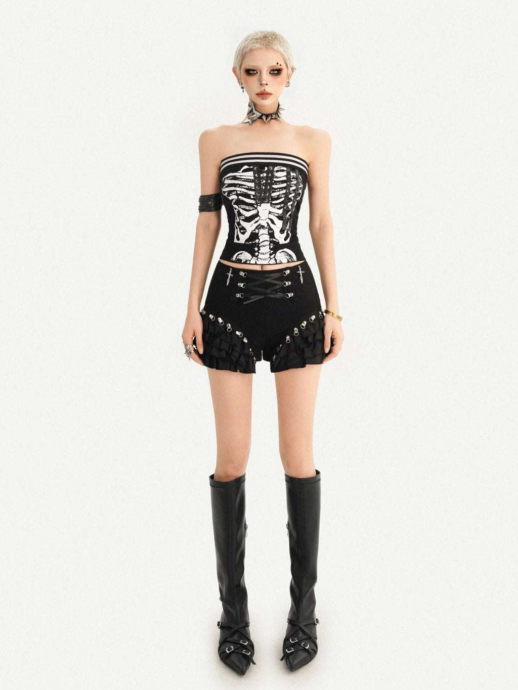 Nico Molly Black Punk Lace Up Layered Lace Trim Low Waist Women's Short Trousers