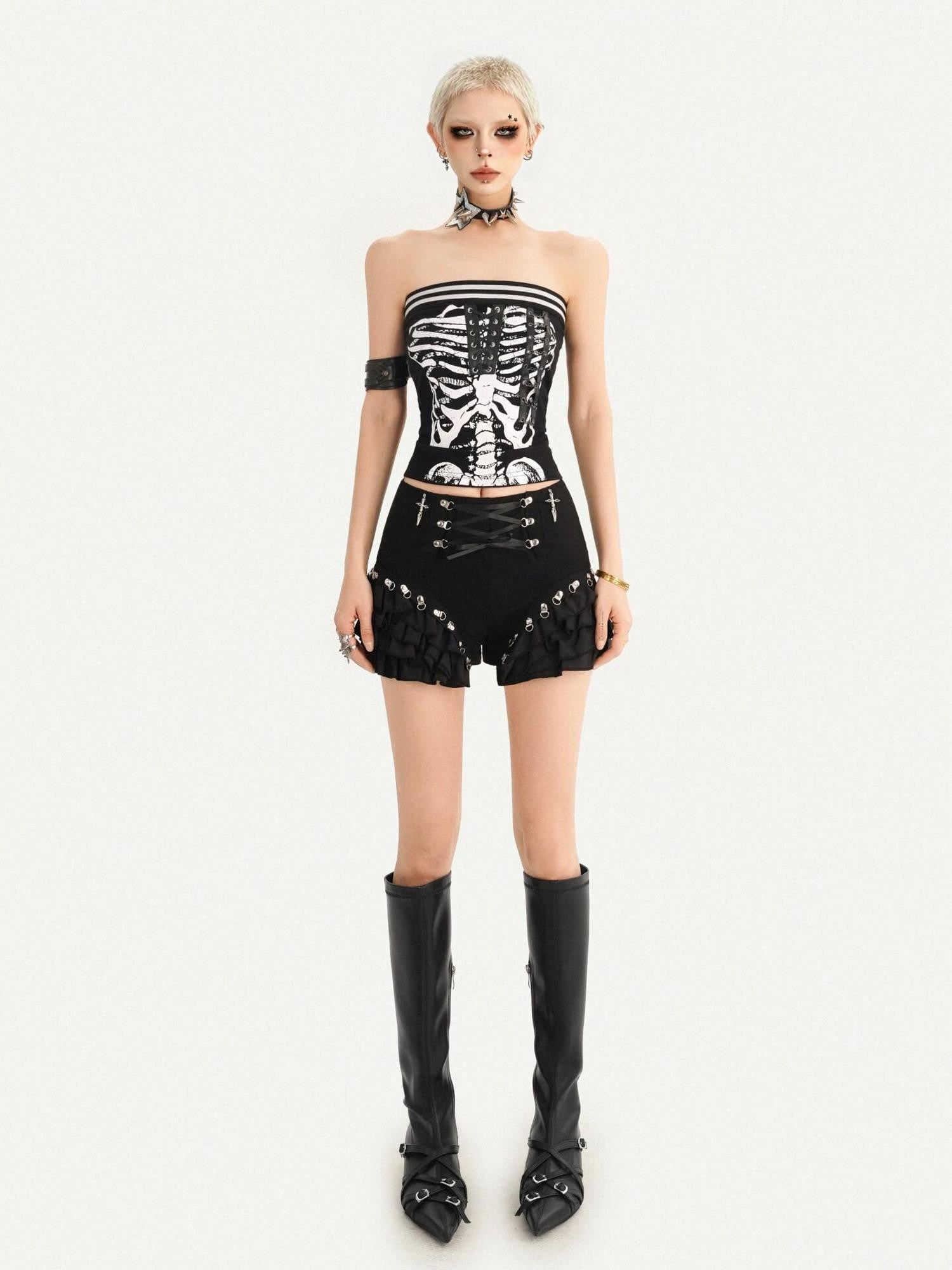 Nico Molly Black Punk Lace Up Layered Lace Trim Low Waist Women's Short Trousers