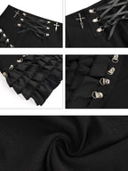 Nico Molly Black Punk Lace Up Layered Lace Trim Low Waist Women's Short Trousers