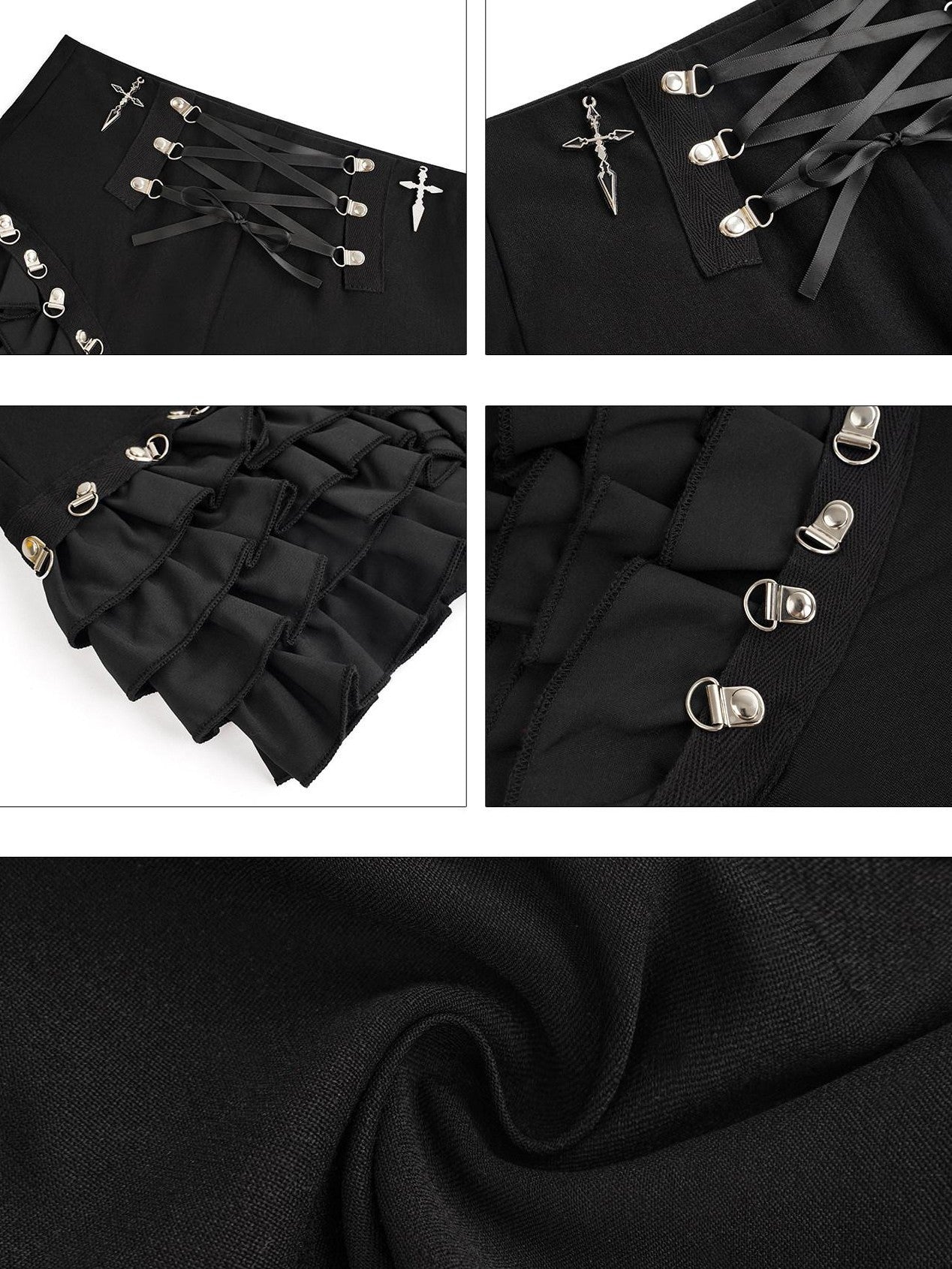 Nico Molly Black Punk Lace Up Layered Lace Trim Low Waist Women's Short Trousers
