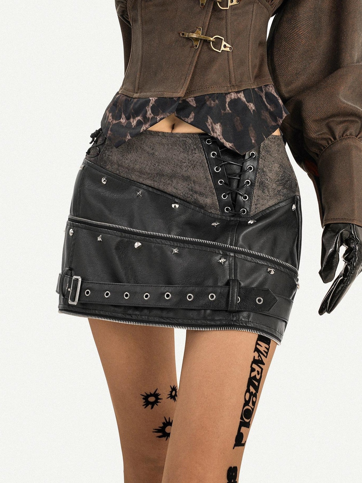 Nico Molly Black Punk Metal Hardware High Waist Women's Leather Mini Skirts