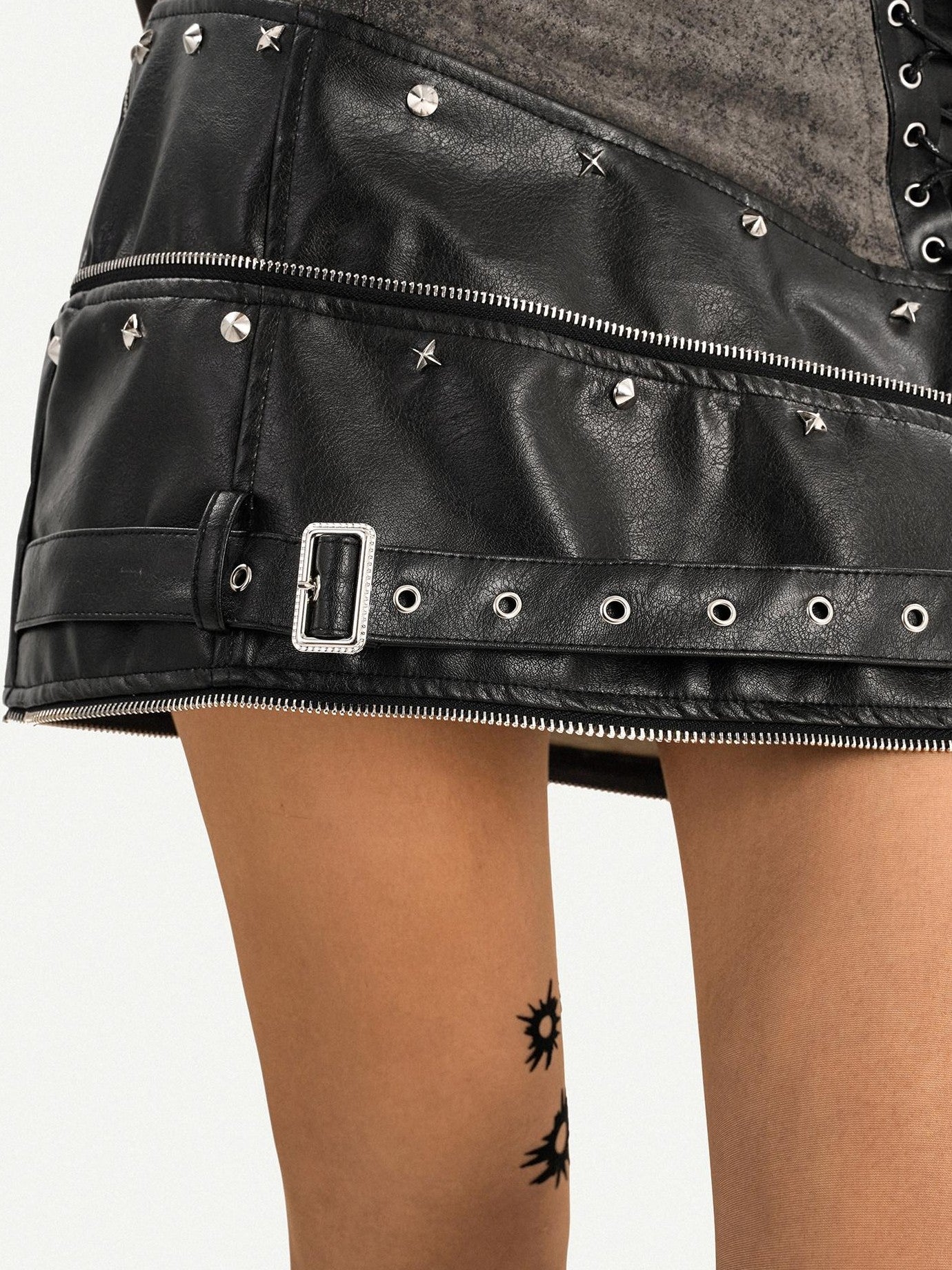 Nico Molly Black Punk Metal Hardware High Waist Women's Leather Mini Skirts