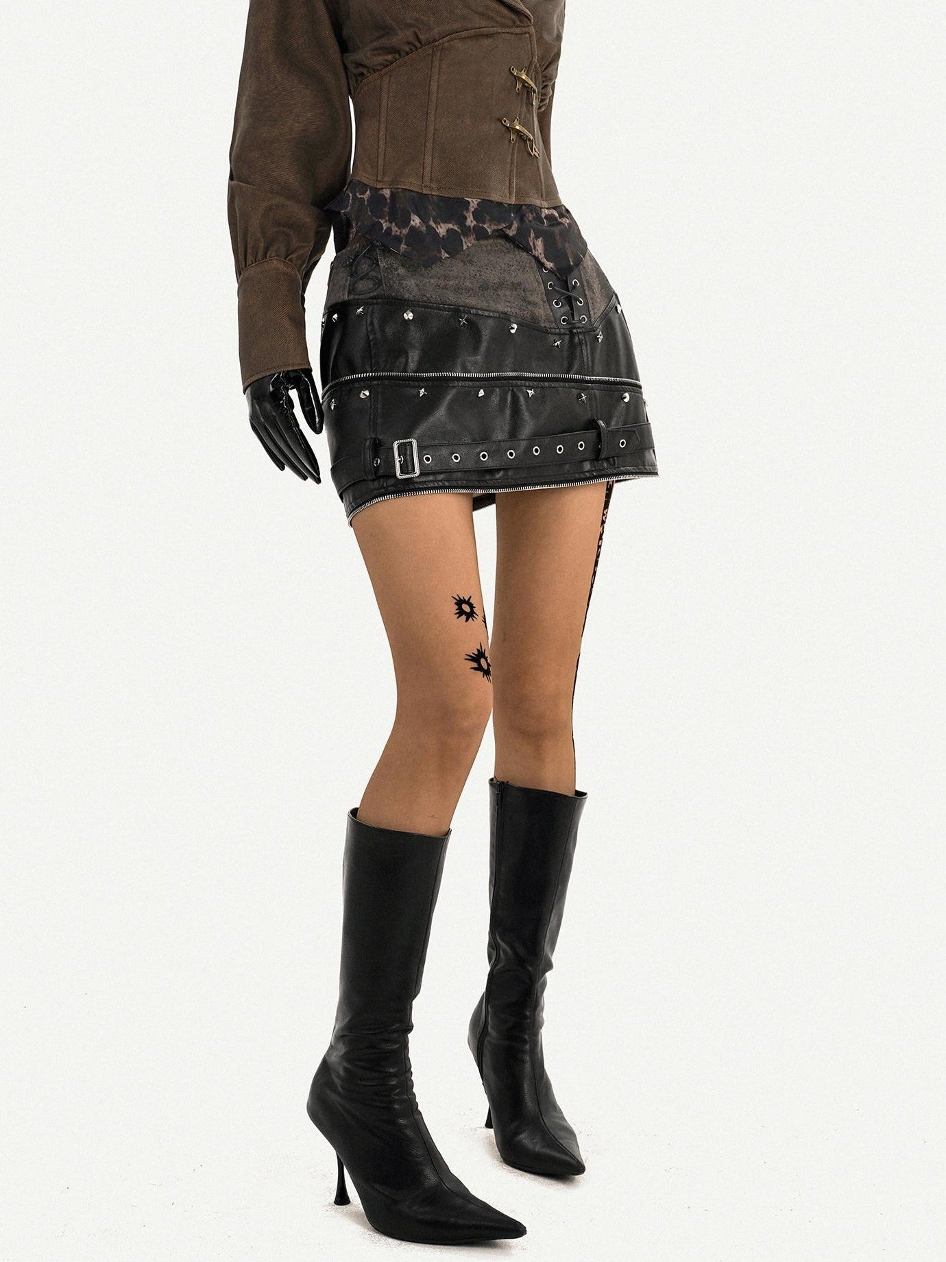 Nico Molly Black Punk Metal Hardware High Waist Women's Leather Mini Skirts