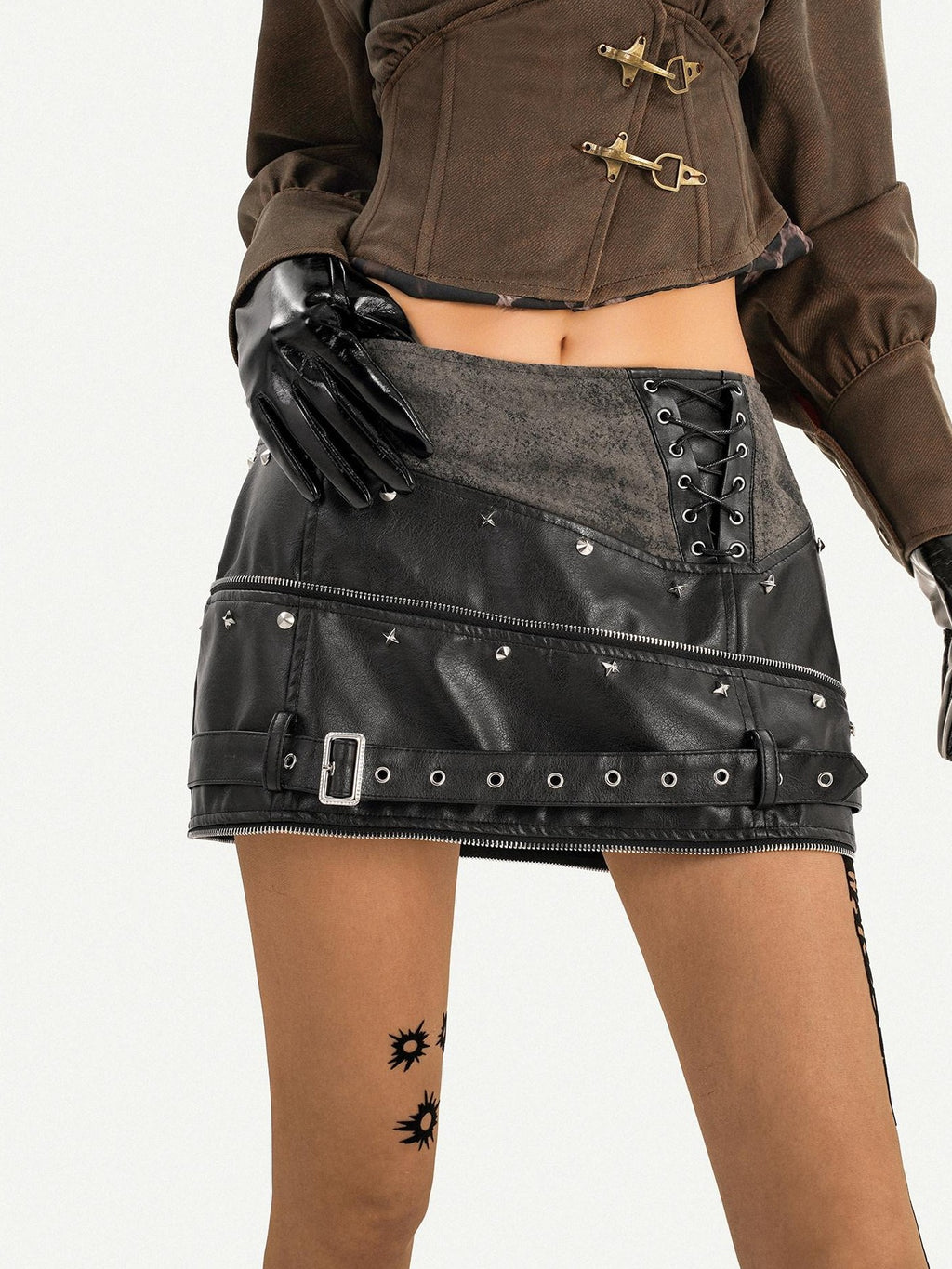 Nico Molly Black Punk Metal Hardware High Waist Women's Leather Mini Skirts