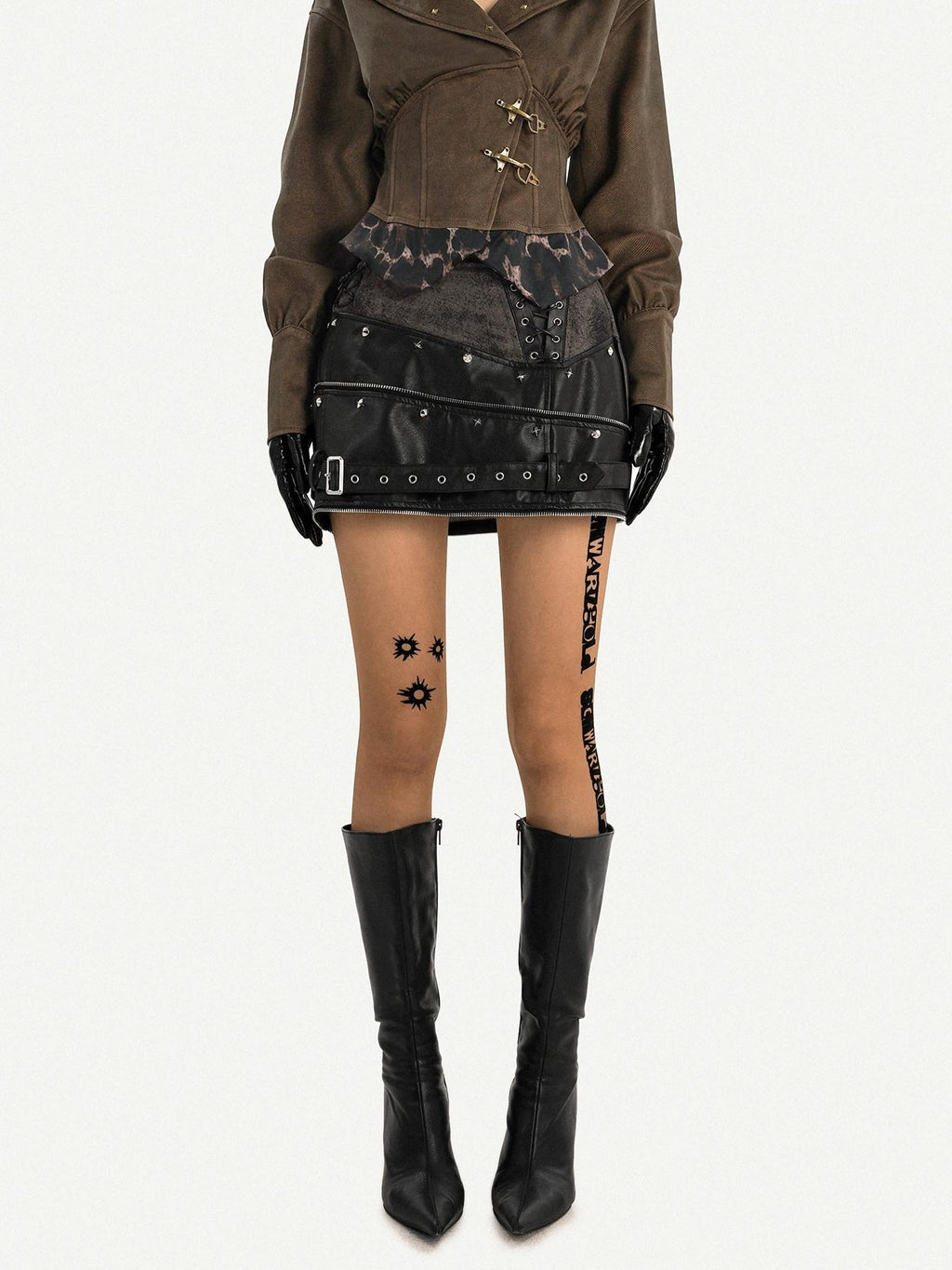 Nico Molly Black Punk Metal Hardware High Waist Women's Leather Mini Skirts