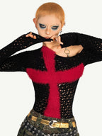 Nico Molly Black Red Cutout Fishnet Cross One Shoulder Women's Knit Long Sleeve T-shirts