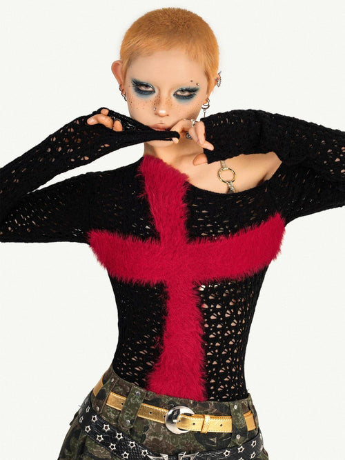 Nico Molly Black Red Cutout Fishnet Cross One Shoulder Women's Knit Long Sleeve T-shirts