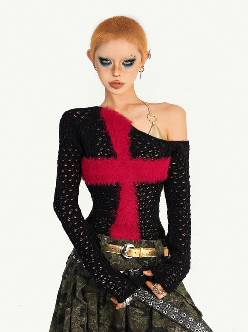 Nico Molly Black Red Cutout Fishnet Cross One Shoulder Women's Knit Long Sleeve T-shirts
