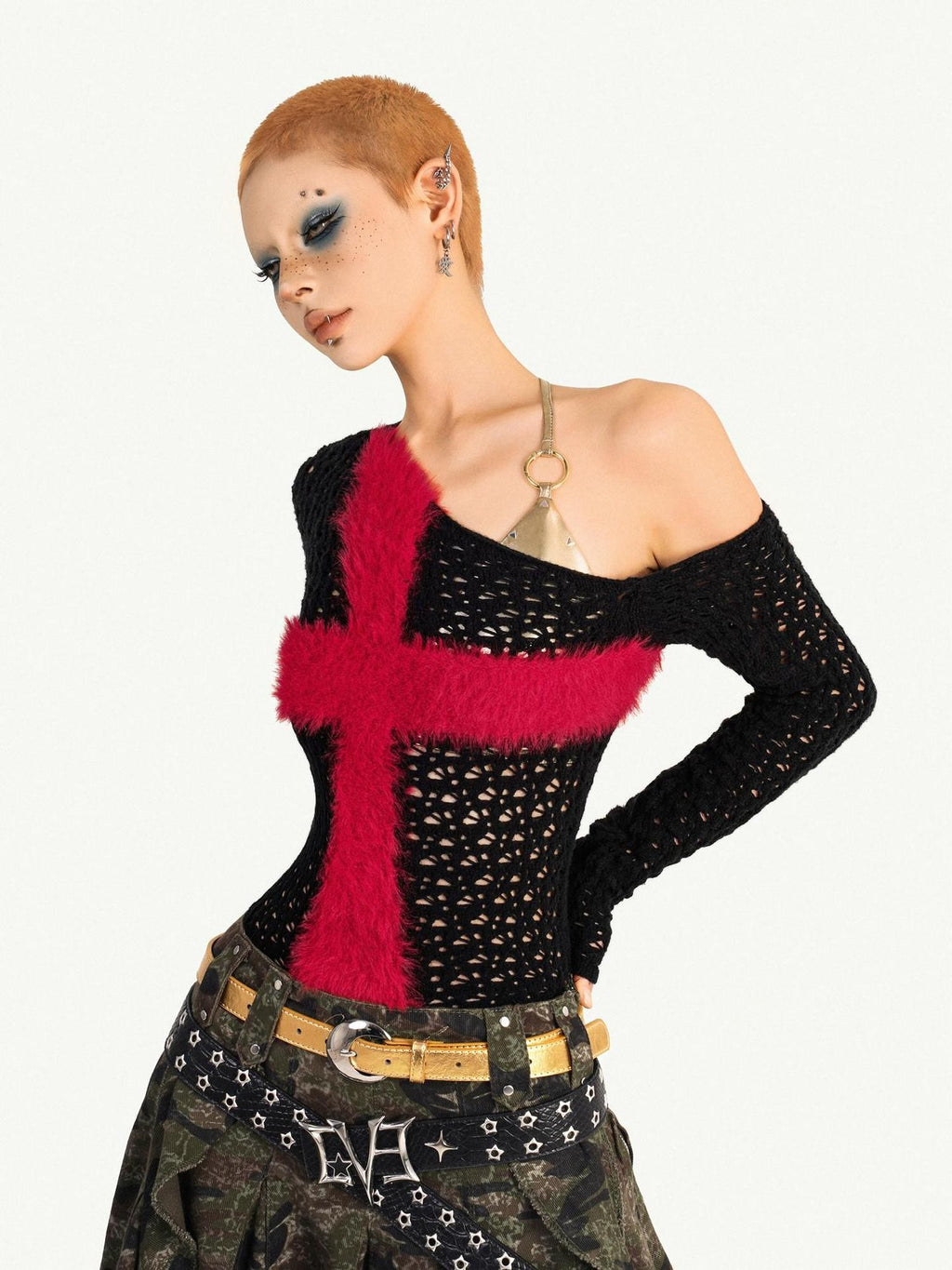 Nico Molly Black Red Cutout Fishnet Cross One Shoulder Women's Knit Long Sleeve T-shirts