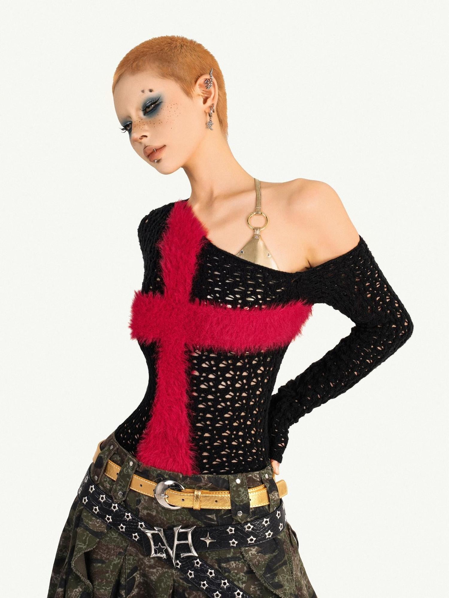 Nico Molly Black Red Cutout Fishnet Cross One Shoulder Women's Knit Long Sleeve T-shirts