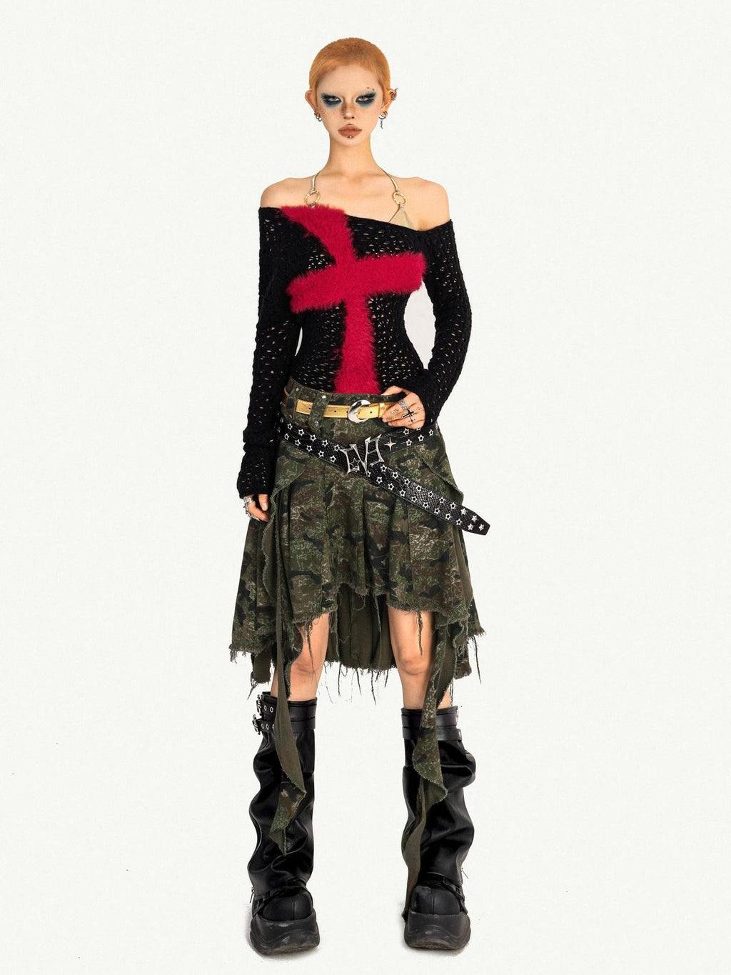 Nico Molly Black Red Cutout Fishnet Cross One Shoulder Women's Knit Long Sleeve T-shirts