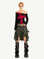 Nico Molly Black Red Cutout Fishnet Cross One Shoulder Women's Knit Long Sleeve T-shirts