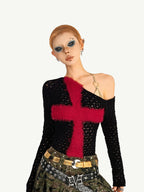 Nico Molly Black Red Cutout Fishnet Cross One Shoulder Women's Knit Long Sleeve T-shirts