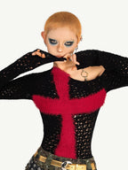 Nico Molly Black Red Cutout Fishnet Cross One Shoulder Women's Knit Long Sleeve T-shirts
