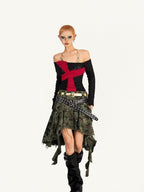 Nico Molly Black Red Cutout Fishnet Cross One Shoulder Women's Knit Long Sleeve T-shirts