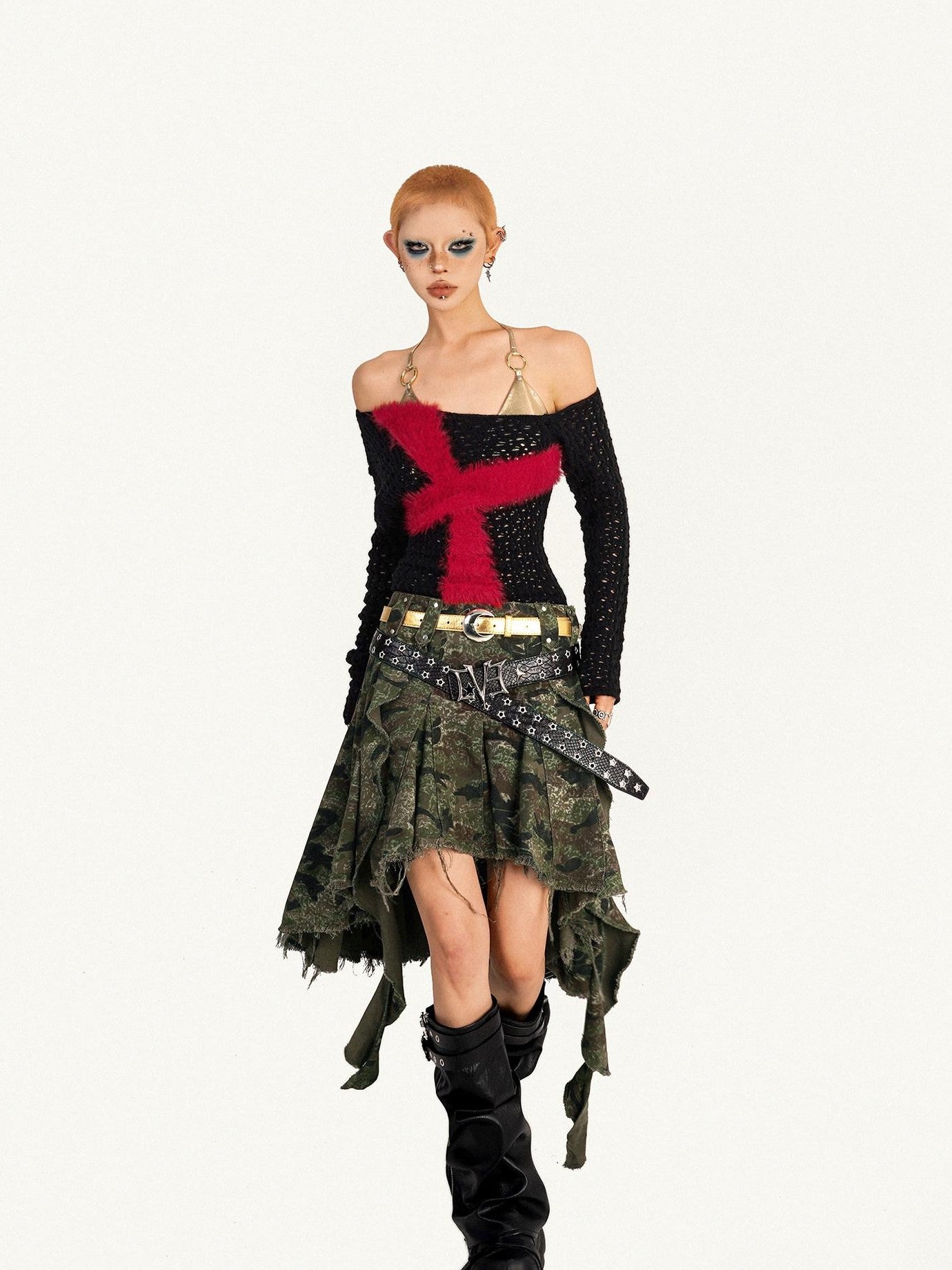 Nico Molly Black Red Cutout Fishnet Cross One Shoulder Women's Knit Long Sleeve T-shirts