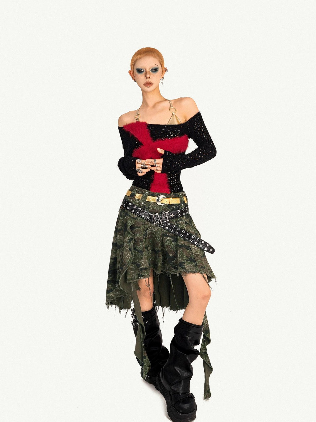 Nico Molly Black Red Cutout Fishnet Cross One Shoulder Women's Knit Long Sleeve T-shirts