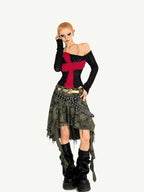 Nico Molly Black Red Cutout Fishnet Cross One Shoulder Women's Knit Long Sleeve T-shirts