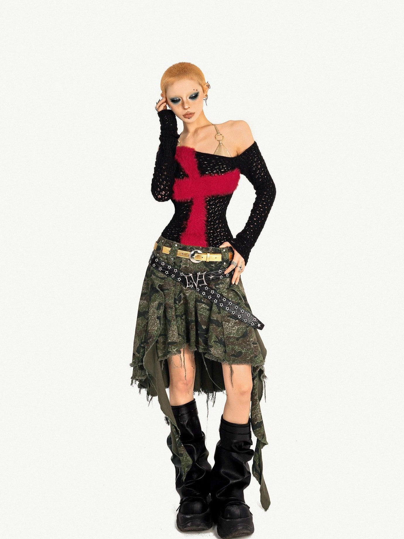 Nico Molly Black Red Cutout Fishnet Cross One Shoulder Women's Knit Long Sleeve T-shirts