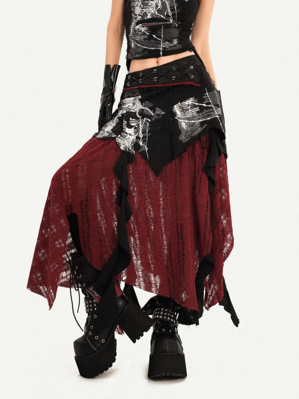 Nico Molly Black Red Irregular Colorblock Gothic Punk Asymmetric Women's A Line Maxi Skirts