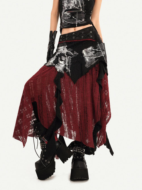 Nico Molly Black Red Irregular Colorblock Gothic Punk Asymmetric Women's A Line Maxi Skirts