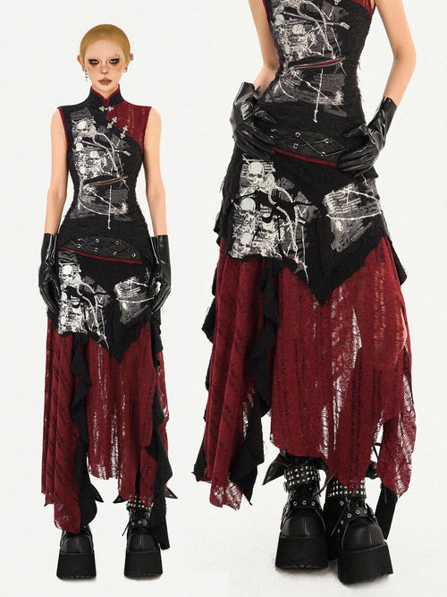 Nico Molly Black Red Irregular Colorblock Gothic Punk Asymmetric Women's A Line Maxi Skirts