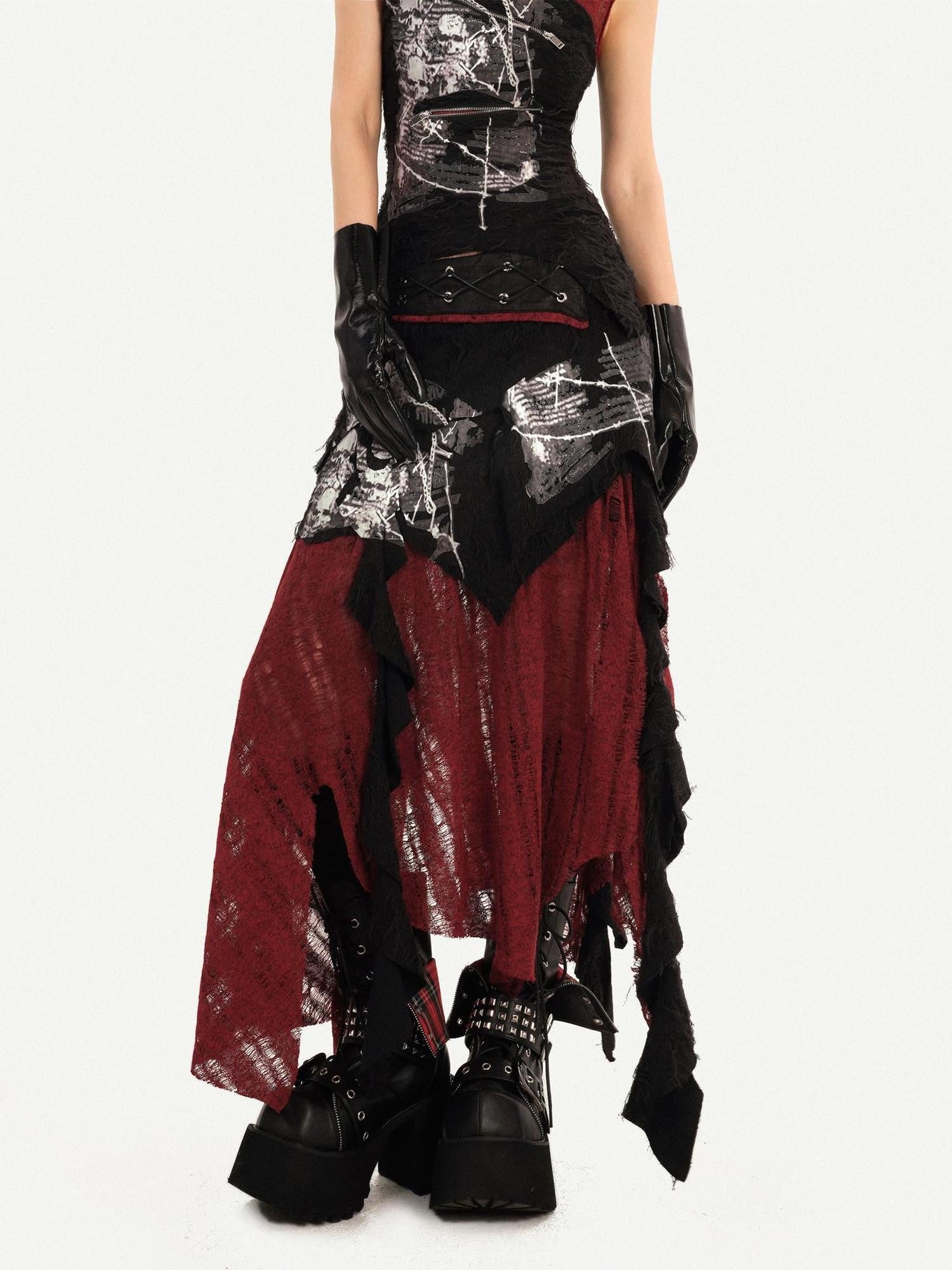 Nico Molly Black Red Irregular Colorblock Gothic Punk Asymmetric Women's A Line Maxi Skirts