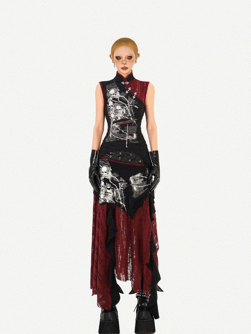 Nico Molly Black Red Irregular Colorblock Gothic Punk Asymmetric Women's A Line Maxi Skirts