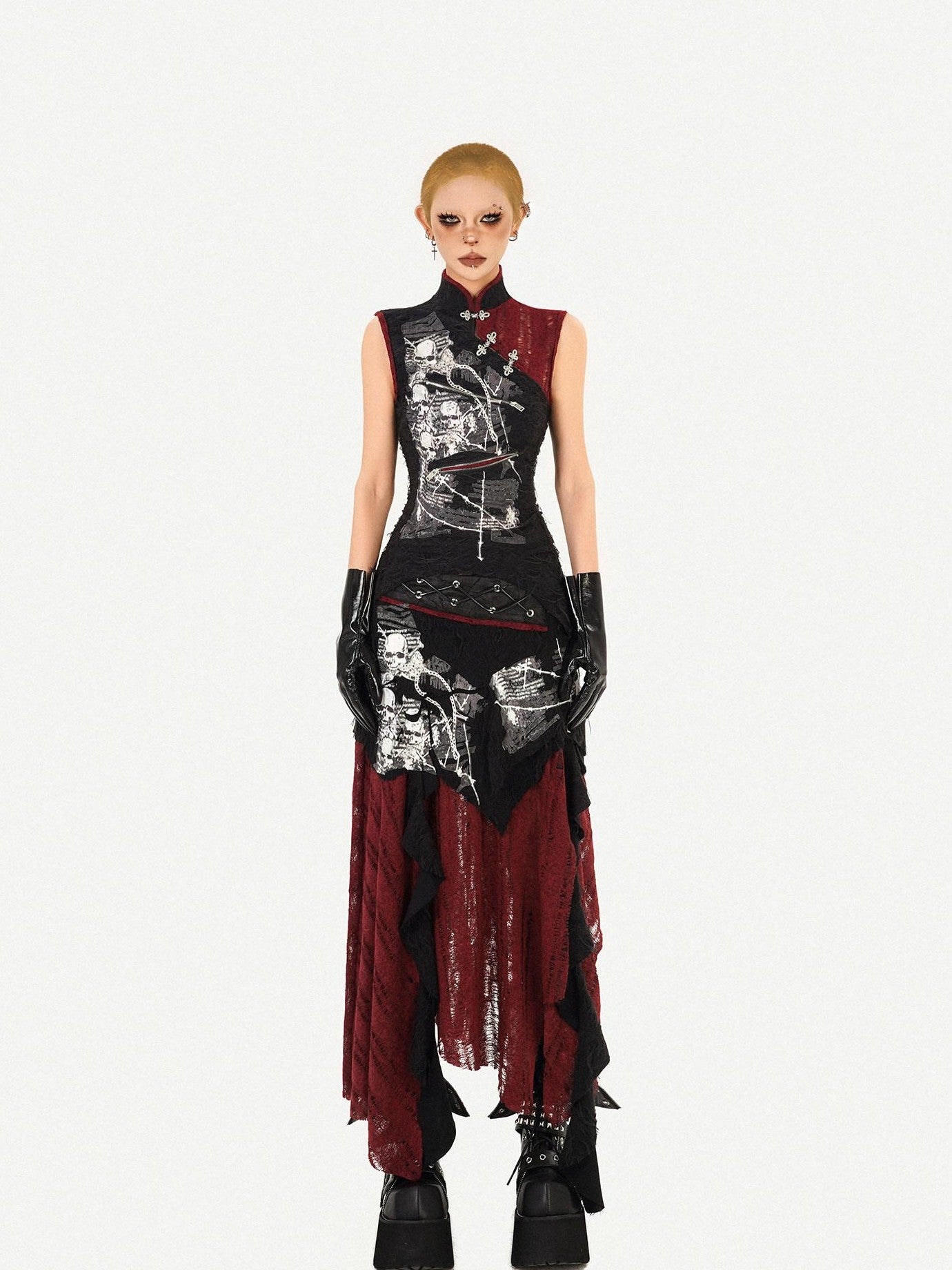 Nico Molly Black Red Irregular Colorblock Gothic Punk Asymmetric Women's A Line Maxi Skirts