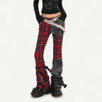 Nico_Molly_Black_Red_Plaid_Patchwork_Low_Waist_Zipper_Slim_Women's_Leather_Pants_985308701141_MISSTT