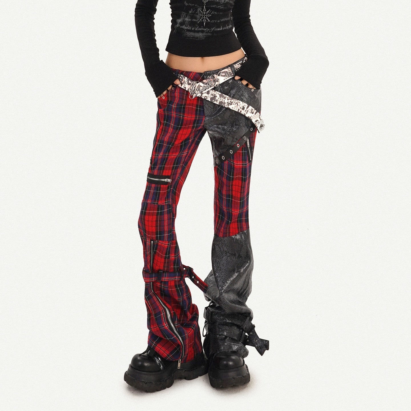 Nico_Molly_Black_Red_Plaid_Patchwork_Low_Waist_Zipper_Slim_Women's_Leather_Pants_985308701141_MISSTT