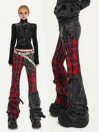 Nico Molly Black Red Plaid Patchwork Low Waist Zipper Slim Women's Leather Pants