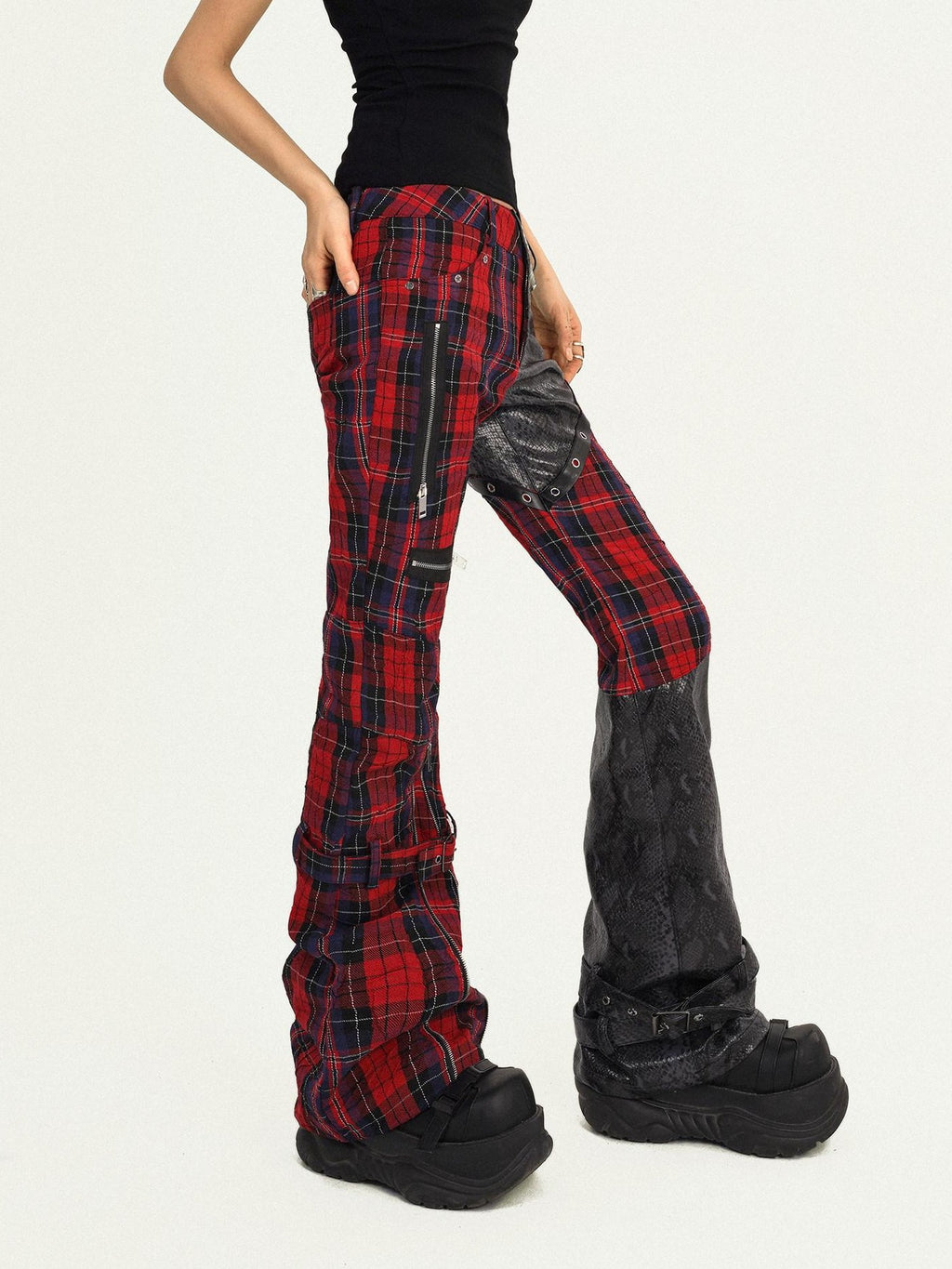 Nico Molly Black Red Plaid Patchwork Low Waist Zipper Slim Women's Leather Pants