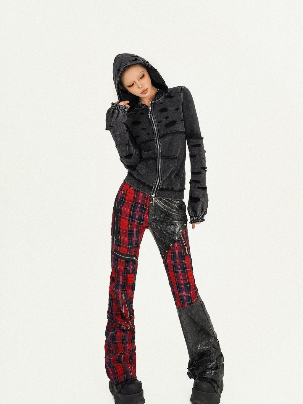 Nico Molly Black Red Plaid Patchwork Low Waist Zipper Slim Women's Leather Pants