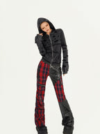 Nico Molly Black Red Plaid Patchwork Low Waist Zipper Slim Women's Leather Pants