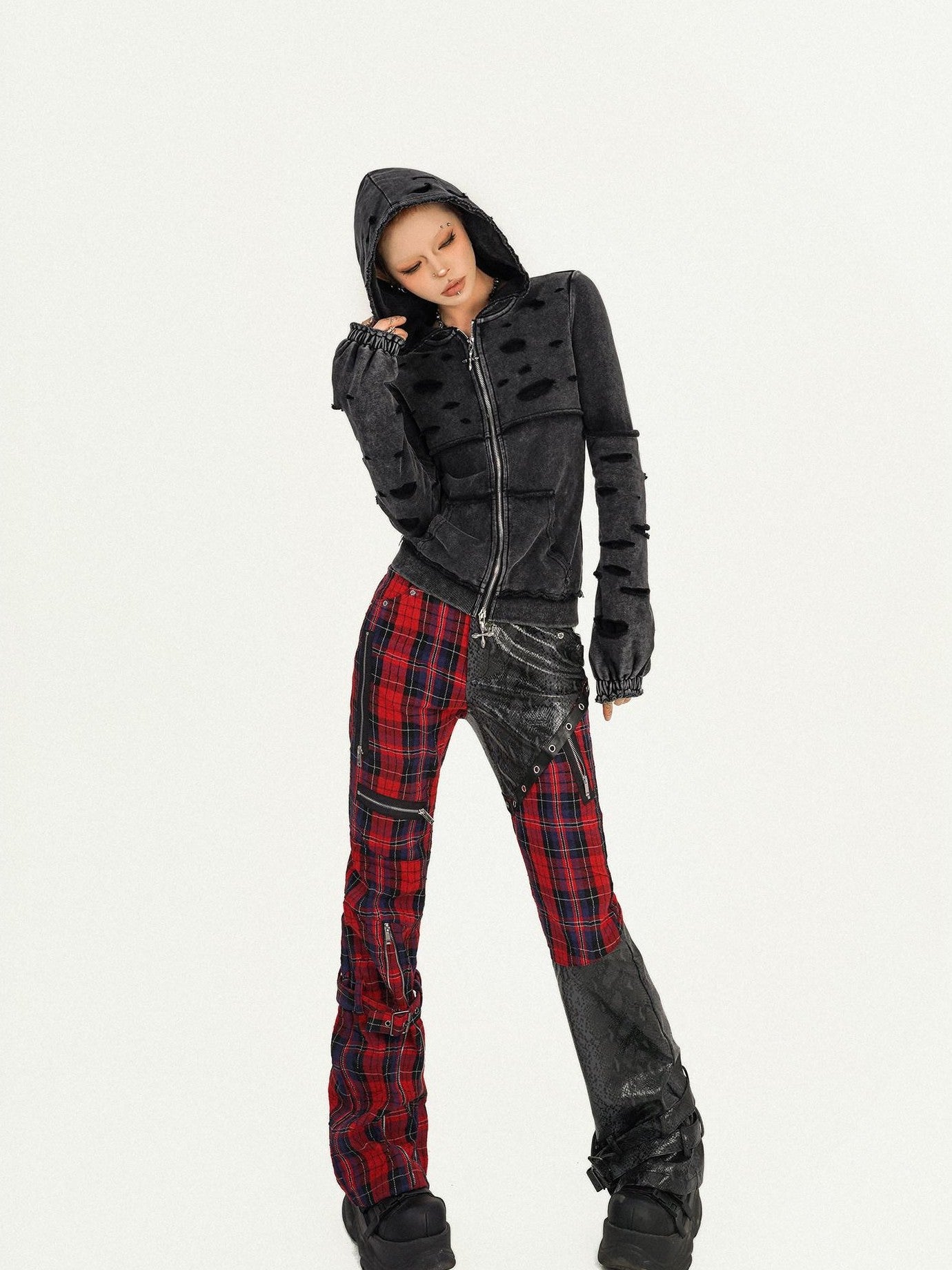 Nico Molly Black Red Plaid Patchwork Low Waist Zipper Slim Women's Leather Pants