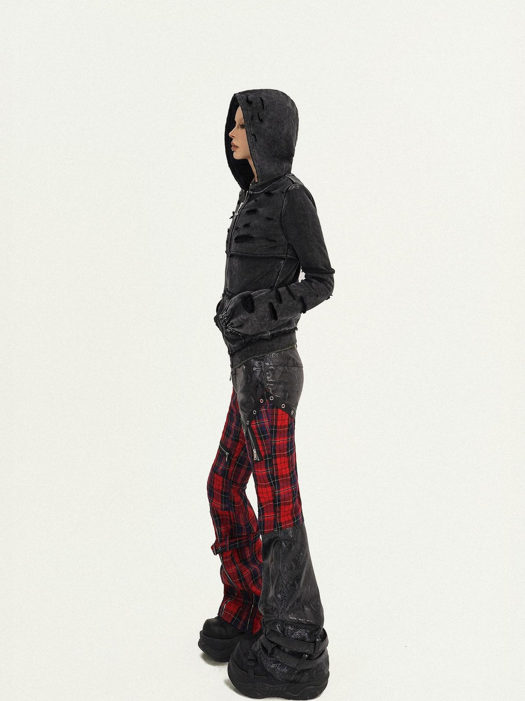 Nico Molly Black Red Plaid Patchwork Low Waist Zipper Slim Women's Leather Pants