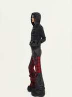 Nico Molly Black Red Plaid Patchwork Low Waist Zipper Slim Women's Leather Pants