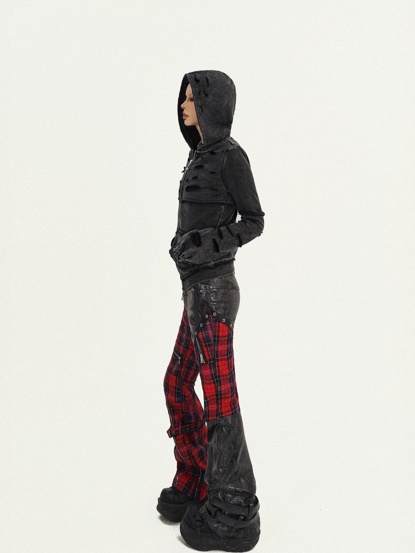 Nico Molly Black Red Plaid Patchwork Low Waist Zipper Slim Women's Leather Pants