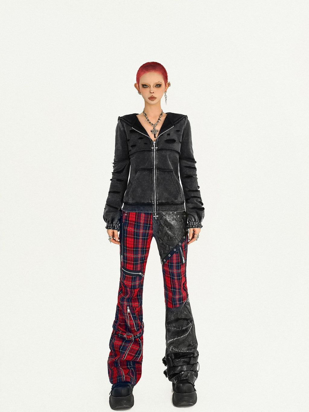 Nico Molly Black Red Plaid Patchwork Low Waist Zipper Slim Women's Leather Pants